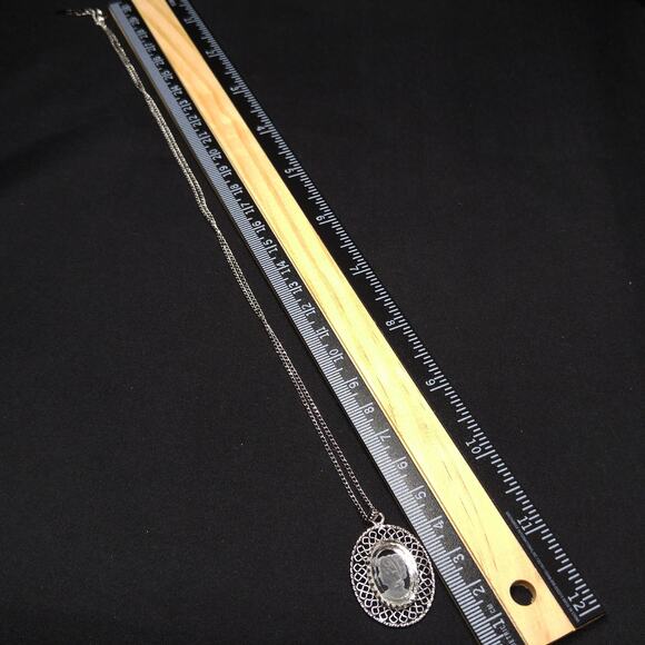 Whiting Davis Crystal Etched Cameo Pendant Necklace, Rhodium Plated, Book Piece - Picture 8 of 10